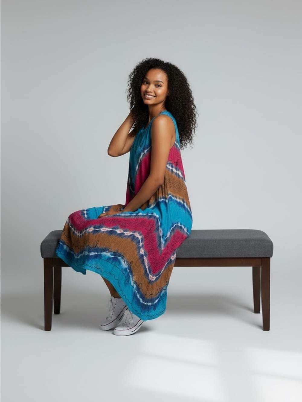 ANANDA Bright Tie Dyed Dress, Airy, Flowing, Lightweight Viscose, Embroidered